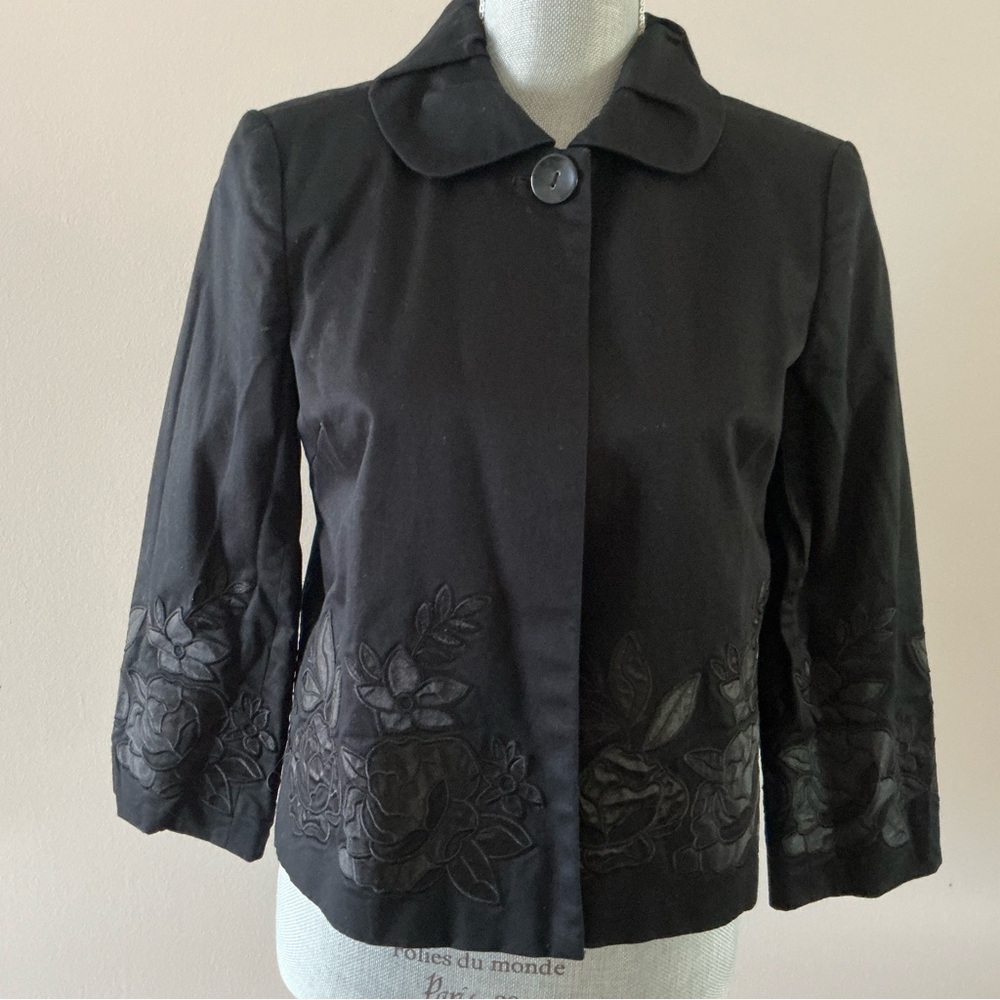 Oscar de la Renta Sz 4 women’s black blazer jacket cotton satin embroidered